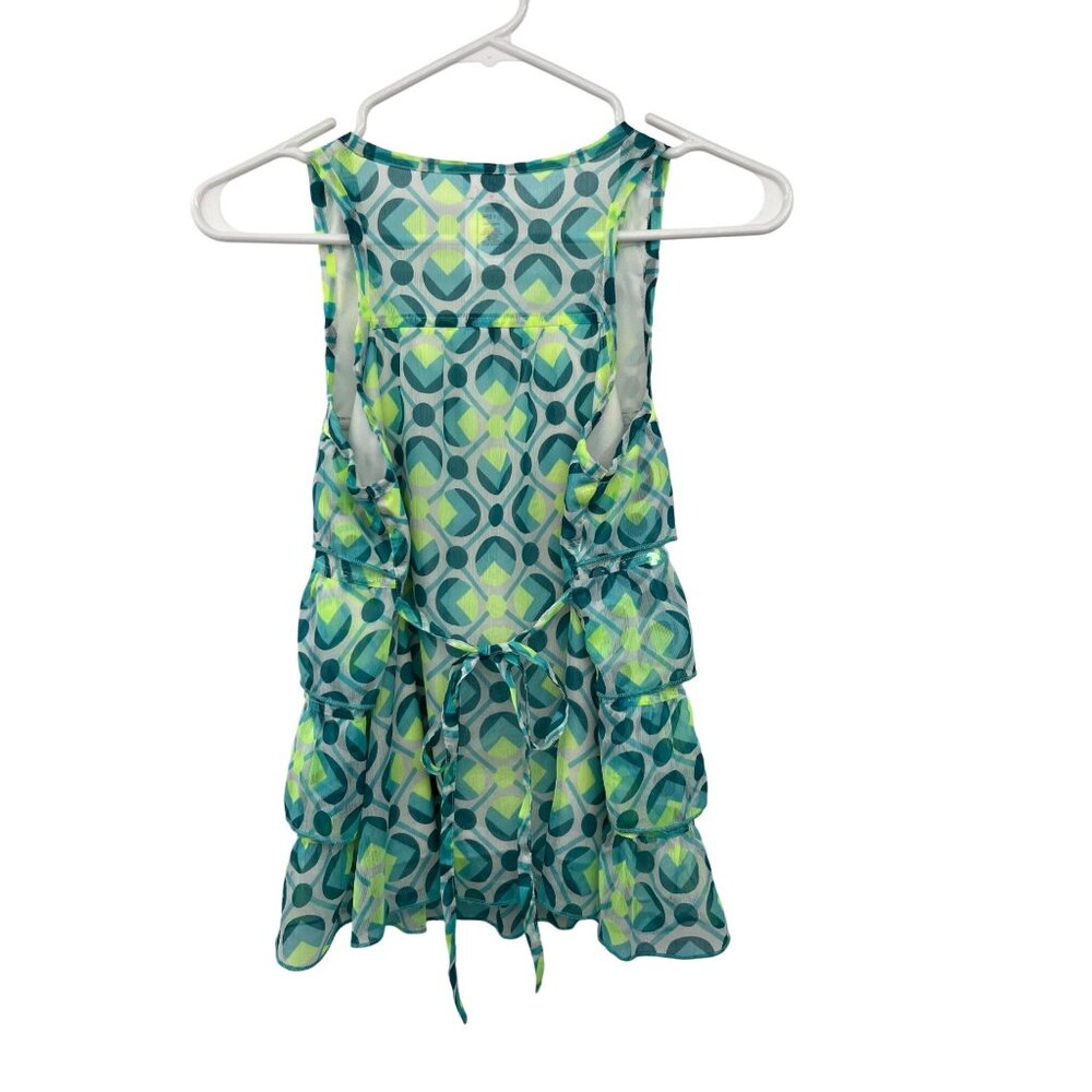 Justice Girls 16 Sleeveless Tiered Blouse Blue Lime Shimmer Ruffle Top Used - Picture 2 of 16